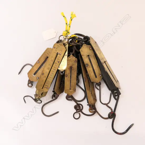 10 BRASS FLAT FRONT SPRING SCALES (POCKET/LETTER BALANCES), VARIOUS MAKER'S AND SCALES